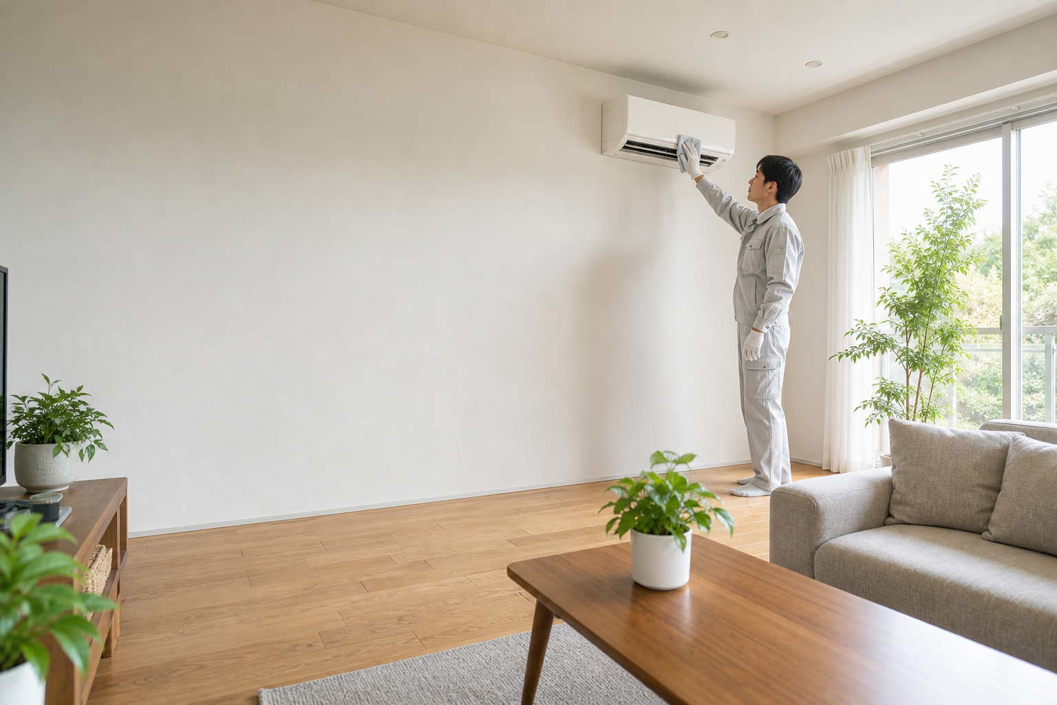 エアコン本体を丁寧にクリーニングするおそうじアンサーの作業員